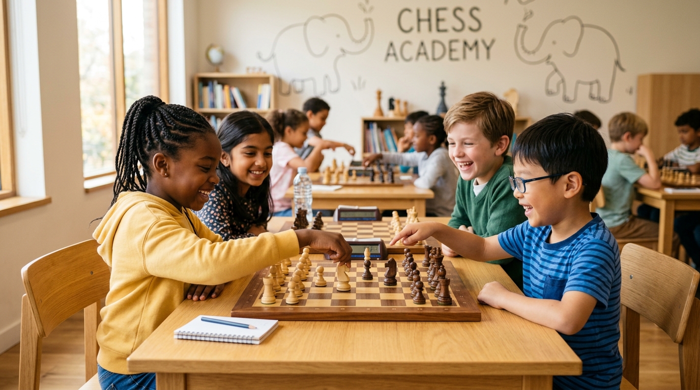 Happy Kids Playing Chess at Elephant Chess Academy